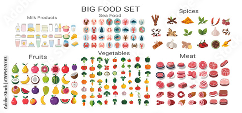 Modern Vector big set of icons for food, flat style. Fruits, vegetables, meat, fish, bread, milk, sweets. Meal icon, easily editable. 
