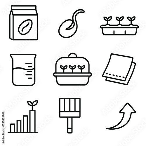Germination Line Icons. Line style icons of Seed Germination: seed packet, sprouting seed, germination tray, water beaker,