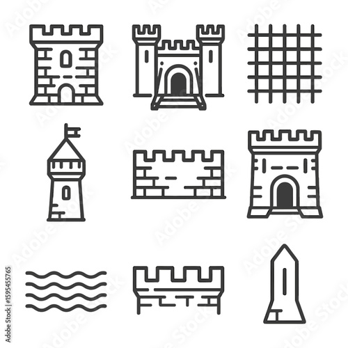 Medieval Castle Icons. Line style icons of Medieval Castles: stone keep, drawbridge gate, portcullis grid, turret tower, curtain
