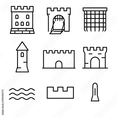 Medieval Castle Icons. Line style icons of Medieval Castles: stone keep, drawbridge gate, portcullis grid, turret tower, curtain