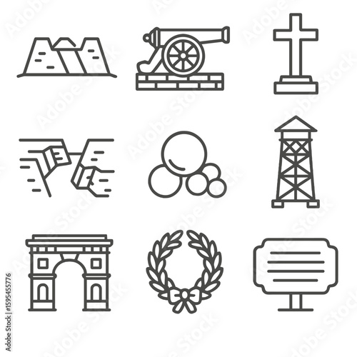 Battlefield Landmark Icons. Line style icons of Battlefield Landmarks: earthen fort, cannon emplacement, memorial cross, trenches