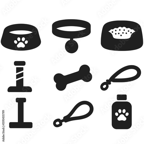 Pet Essentials Icons. Solid style icons of pet essentials: food bowl, collar with tag, pet bed, litter box, scratching post, chew