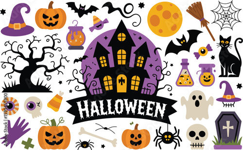 Spooky halloween collection with haunted house pumpkins ghosts bats and more