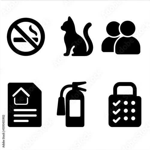 Safety Icons Collection. Solid style icons of safety and rules: no smoking sign, pet policy, noise rules, guest limit, house rules