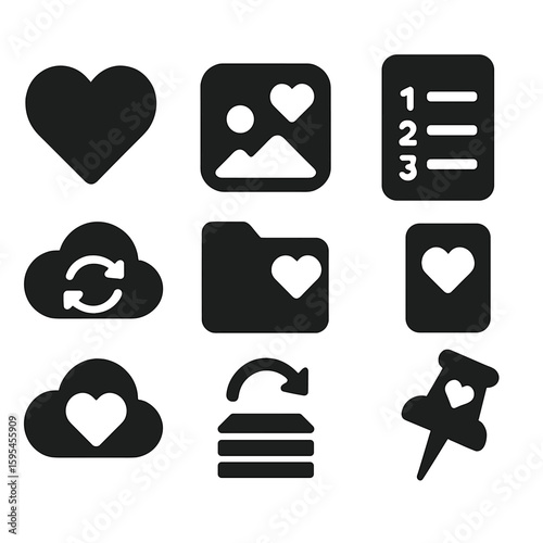 Solid Style Icons. Solid style icons of favorite themes: heart icon, saved wallpaper, top list icon, liked theme, sync with cloud,