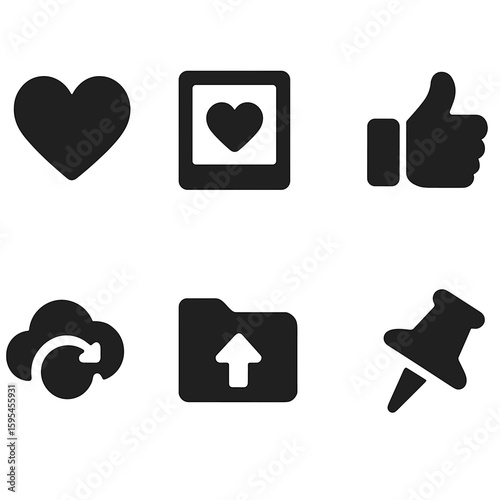 Solid Style Icons. Solid style icons of favorite themes: heart icon, saved wallpaper, top list icon, liked theme, sync with cloud,
