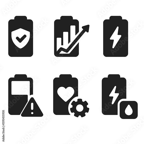 Battery Utility Icons. Solid style icons of battery utilities: battery saver, battery usage graph, battery health, charging
