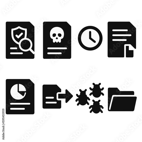 Antivirus Icons Collection. Solid style icons of antivirus logs: scan report icon, threat log, activity history, file actions,