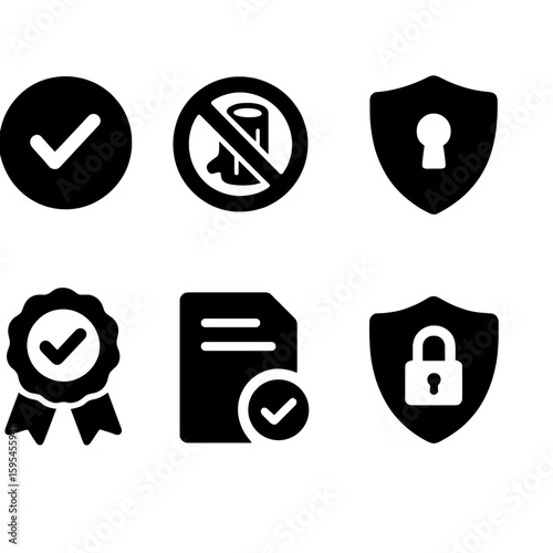 Trusted VPN Icons. Solid style icons of trusted VPN features: verified icon, no logs policy, strict privacy badge, transparency