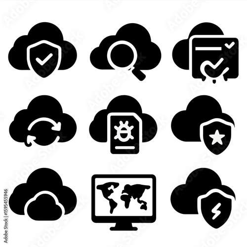 Cloud Antivirus Icons. Solid style icons of cloud antivirus features: cloud shield, remote scan, cloud quarantine, online scan