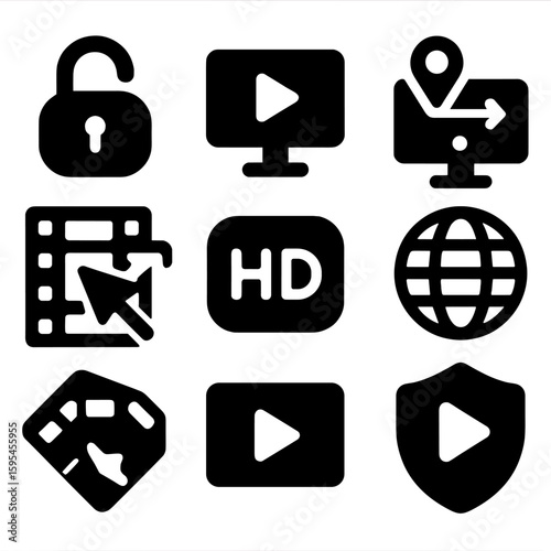 Streaming Icons Collection. Solid style icons of streaming and content: unblock icon, streaming access, country switch, video