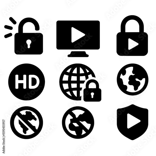 Streaming Icons Collection. Solid style icons of streaming and content: unblock icon, streaming access, country switch, video