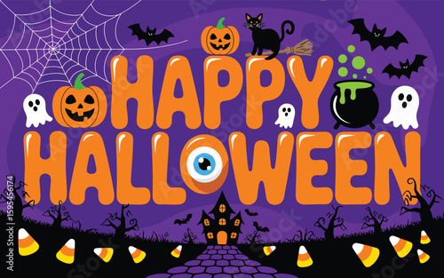 Happy halloween spooky text with pumpkins ghosts bats and candy corn
