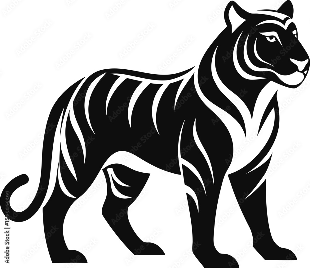Fototapeta premium Stylized black tiger silhouette standing proudly isolated on white background