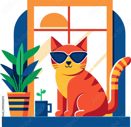 Cat wearing sunglasses and relaxing on a sunny windowsill icon