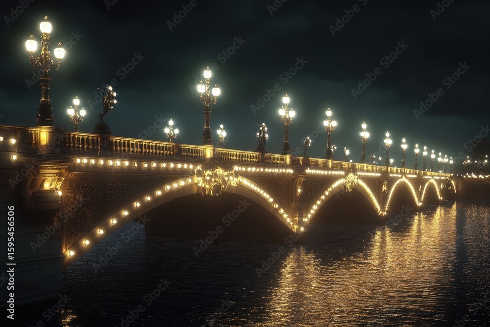 Fototapeta premium Illuminated bridge glows over Seine River at night, enhancing Paris's enchanting atmosphere, Illuminated Bridge Over Seine River at Night