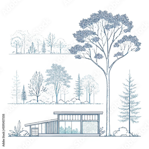 Architectural Drawings, Minimal style cad tree line drawing, Side view, set of section wetland forest outline for landscape design drawing. Vector illustration in separate element