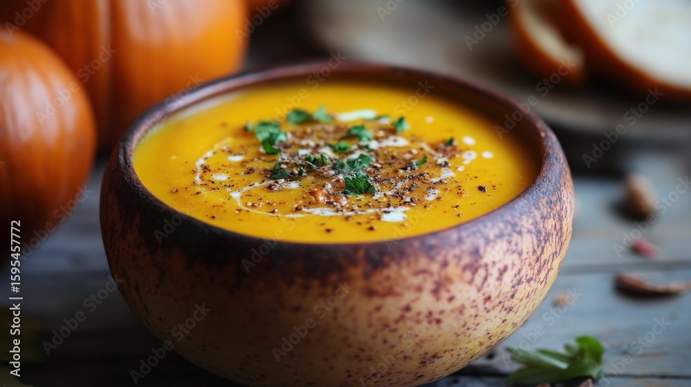Close-up of a bowl of creamy pumpkin soup. Close-up of a bowl of creamy pumpkin soup.