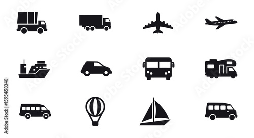 Black transportation icons depicting various vehicles and modes of travel