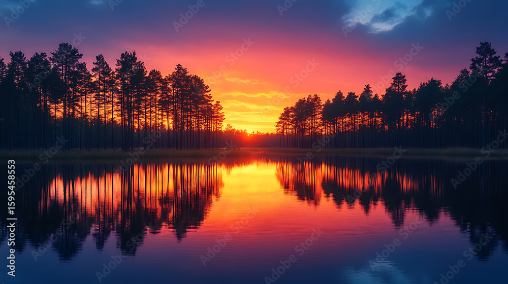 Fototapeta premium Vibrant Sunset Reflecting on Calm Lake with Silhouetted Pine Trees