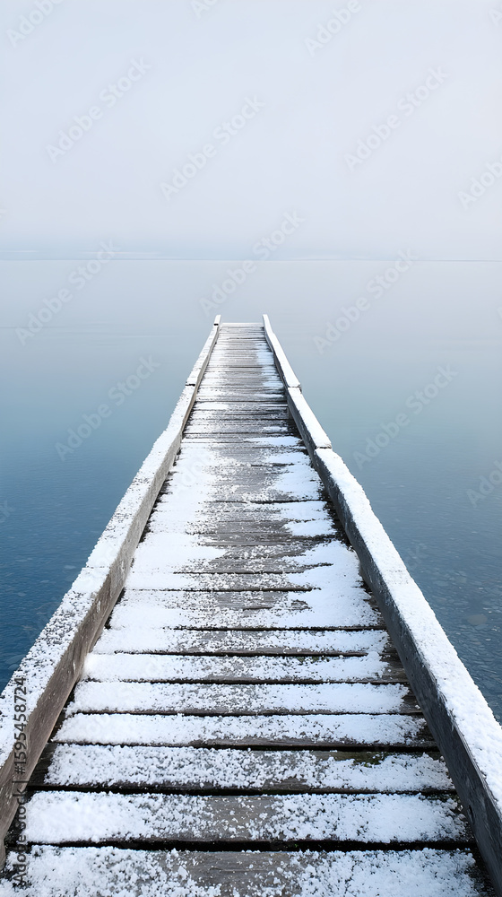 Obraz premium Snow covered wooden pier leading into misty calm water under a pale sky