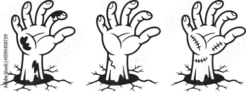 Black and White Zombie Hands Rising from Ground Vector Illustration