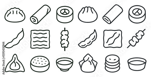 Collection of food items are shown in a black and white style. The food items include a variety of items such as sandwiches, bowls, and bowls. Scene is that of a food-themed collection