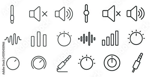 Set of icons for audio controls, including volume, mute, and equalizer. The icons are all in black and white and are arranged in a grid