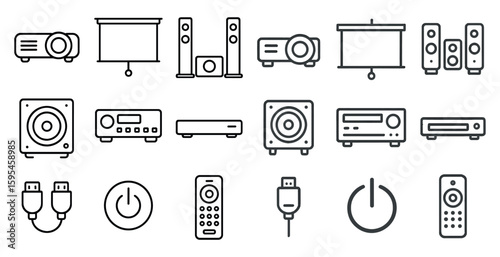 Collection of electronic devices such as a remote control, a speaker, a projector, and a DVD player