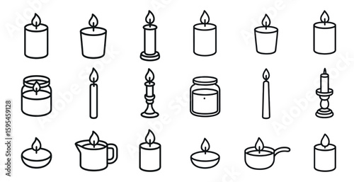 Set of candles in various shapes and sizes. The candles are arranged in a row, with some placed closer together and others spaced further apart. The candles are all lit, creating a warm