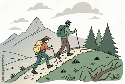 Two hikers ascend a mountain path with backpacks and poles