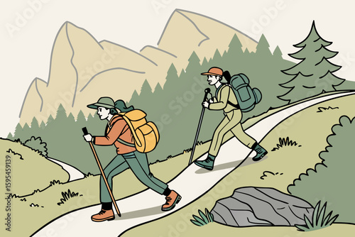 Two hikers with backpacks ascend a mountain path hiking