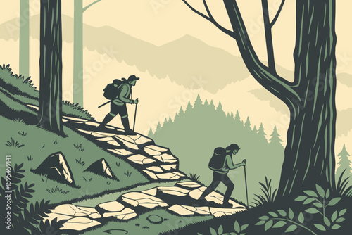 Two hikers ascend a stone path through a forest landscape