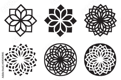 Adobe Illustrator Artwork A high-quality collection of 6 black and white geometric mandala symbols in vector format. Perfect for Islamic art, sacred geometry, floral ornament design, decorative logos,