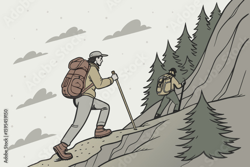 Two hikers ascend a rocky mountain path surrounded by pine trees