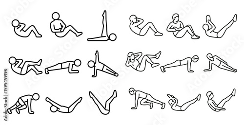 Series of people doing various exercises, including crunches, situps, and pushups