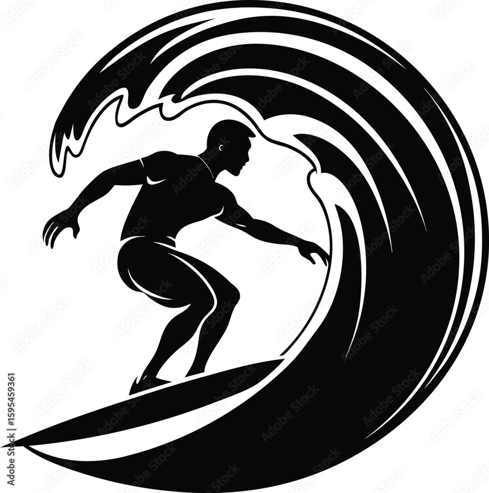 Surfer silhouette riding wave on the beach vector illustration Surfer silhouette riding wave on the beach vector illustration