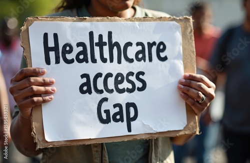 People hold sign emphasizing healthcare access gap, disparity. Unequal medical services availability, resource distribution issues highlighted. Focus on inequity, barriers, coverage problems in