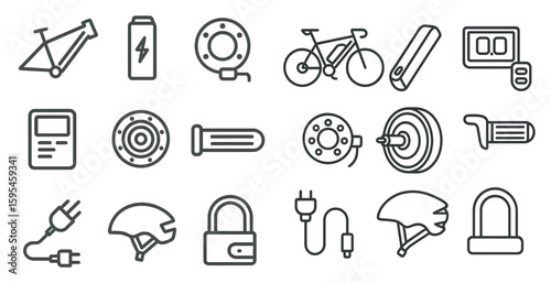 Collection of bike parts and accessories. The bike parts include a bike lock, a bike tire, a bike chain, a bike battery, a bike bell, a bike light