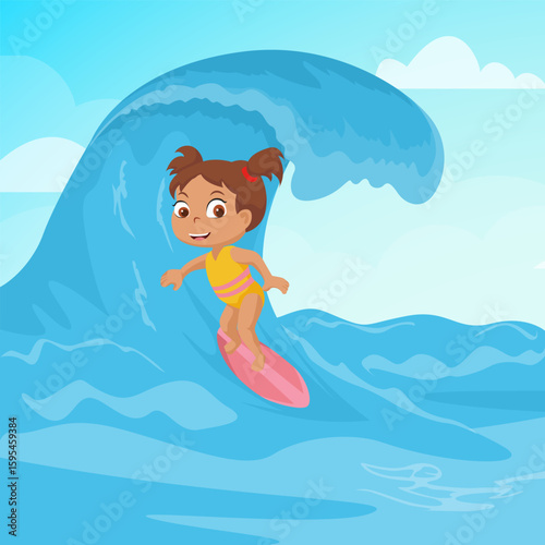 Little Girl Surfing Big Wave in Summer Ocean
