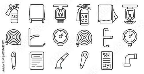 Collection of symbols and icons, including a fire extinguisher, a fire hydrant, a fire hose, a fire alarm, a fire alarm clock, a fire hose gauge, a fire hose clamp, a fire hose nozzle, a fire hose r