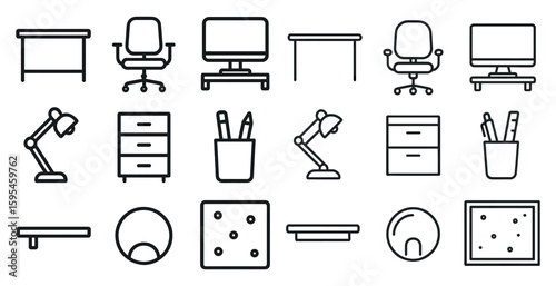Collection of office furniture and accessories, including a desk, chair, computer, and various items such as a keyboard, mouse, and a cup