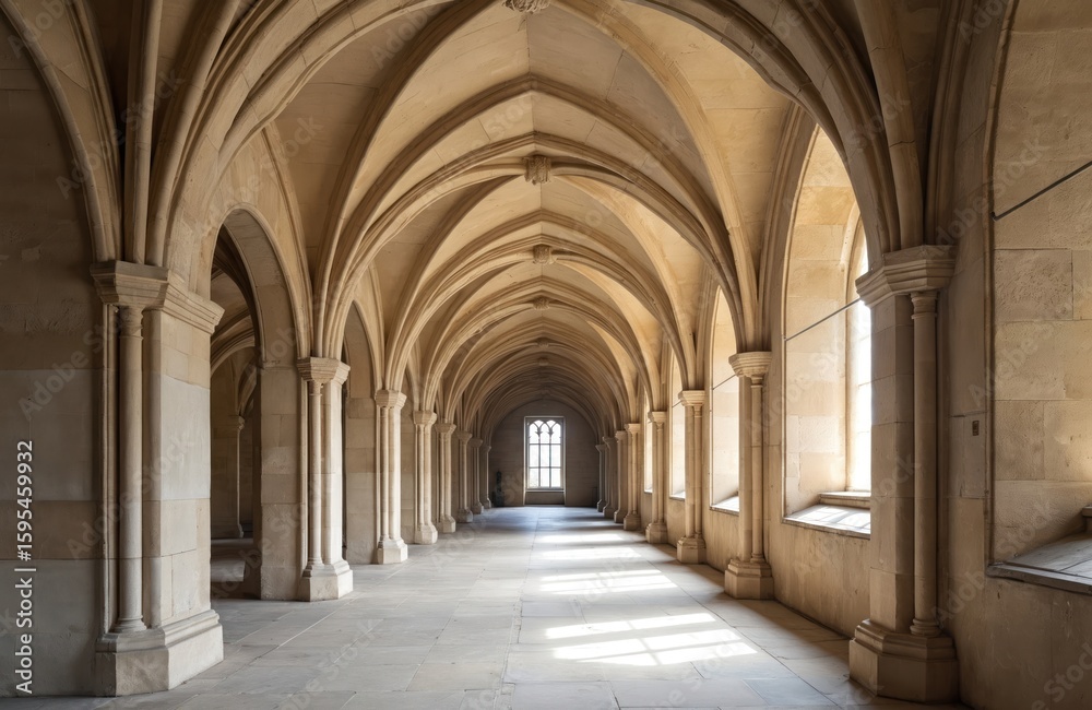 Fototapeta premium Vaulted gothic cloister walkway at College des Bernardins, Paris. Sunlight streams through arched windows, illuminating stone pillars, floor. 13th-century Cistercian architecture offers serene,