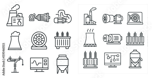 Set of industrial icons, including a turbine, a power plant, and a computer monitor. The icons are arranged in a grid, with some overlapping and others standing alone. Scene is one of industry