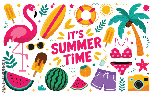 Summer Icon Set – Colorful Tropical Clipart with Flamingo, Coconut Tree, Watermelon, and Sun – Flat Vector Elements for Seasonal Design Projects and Holiday Graphics


