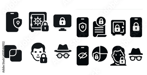 Set of icons for security and privacy. The icons include a man with a hat, a man with glasses, a man with a cell phone, a man with a laptop, a man with a computer monitor, a man with a wallet