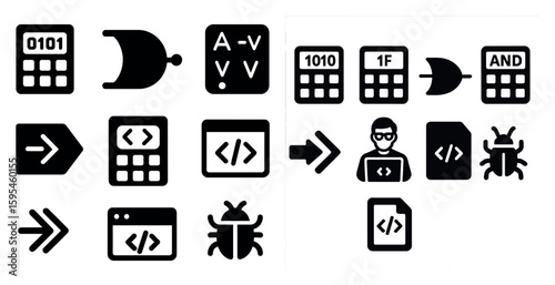 Series of icons, including a calculator, a man with a laptop, and a bug. The icons are all black and white, and they appear to be related to technology or programming
