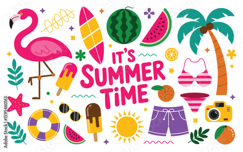 Summer Time Elements Clipart Set – Tropical Icons Collection with Flamingo, Watermelon, Coconut Tree, and Sun – Colorful Vector Illustration for Seasonal Design, Decor, and Crafts

