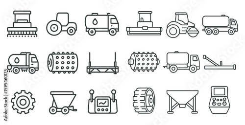 Series of farm equipment icons are shown in a line. The icons include tractors, trucks, and other farm vehicles. Scene is one of productivity and hard work