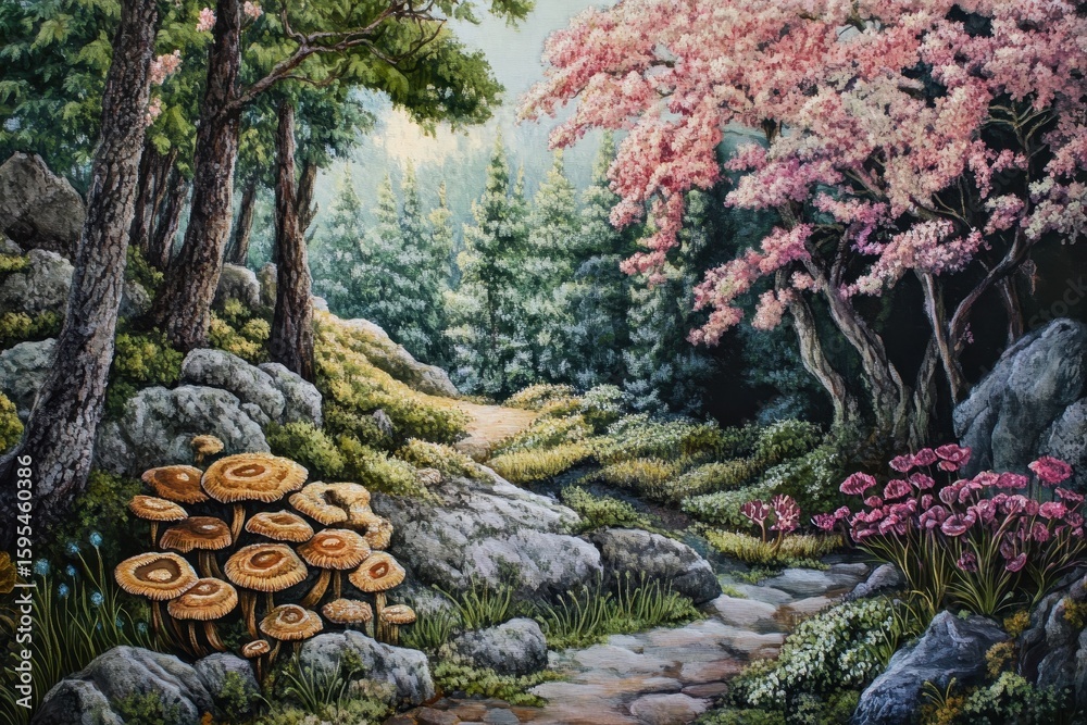 Fototapeta premium Morels thrive amidst vibrant spring flora in a serene forest setting, morels among beautiful spring vegetation